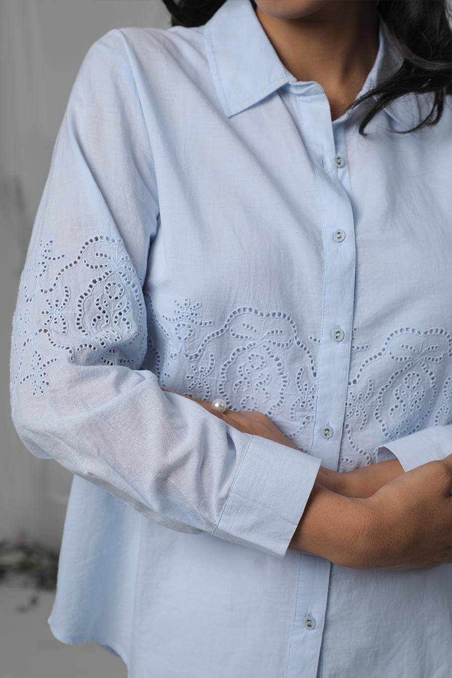 Blue Cotton Embroidered Shirt
