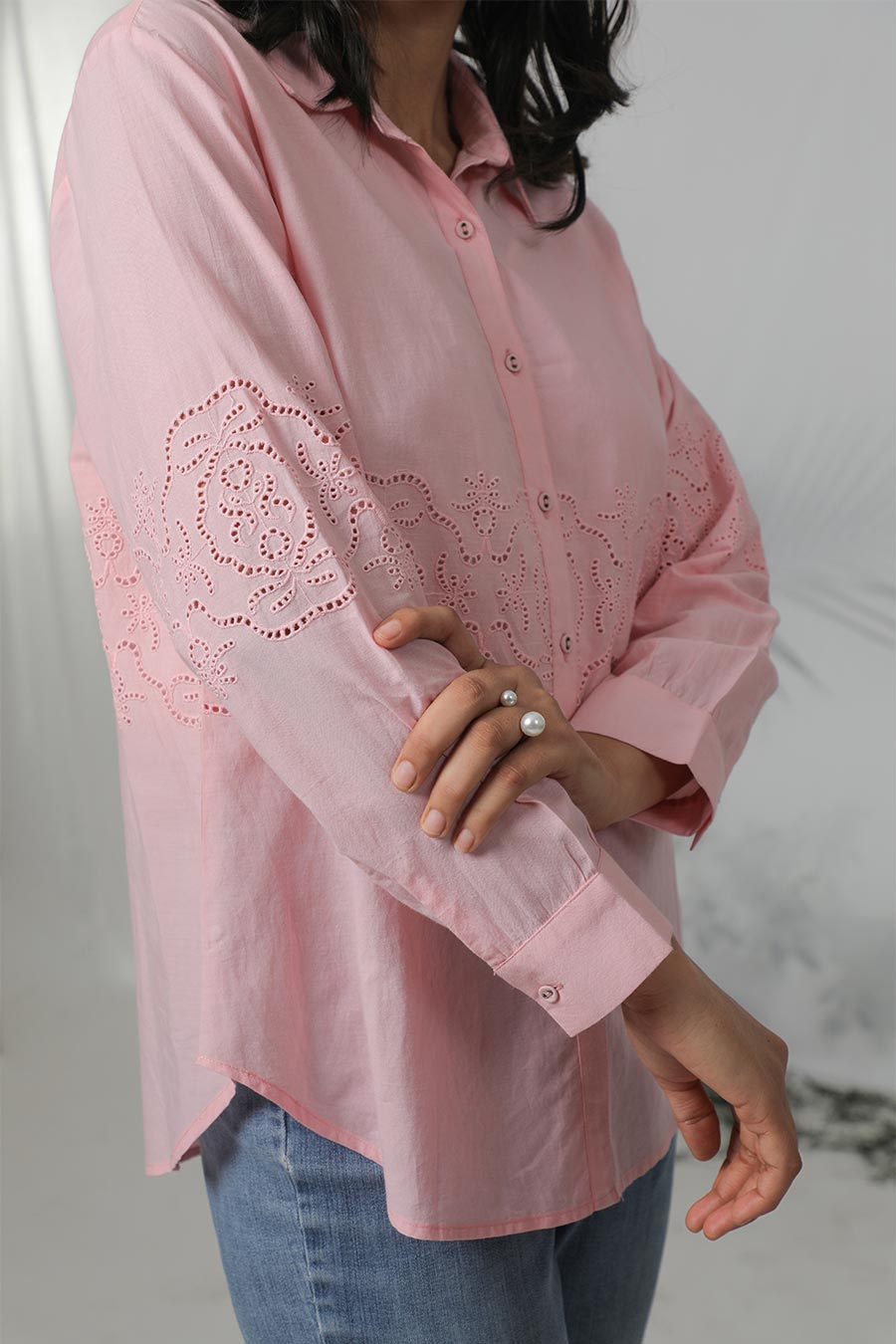 Pink Cotton Embroidered Shirt