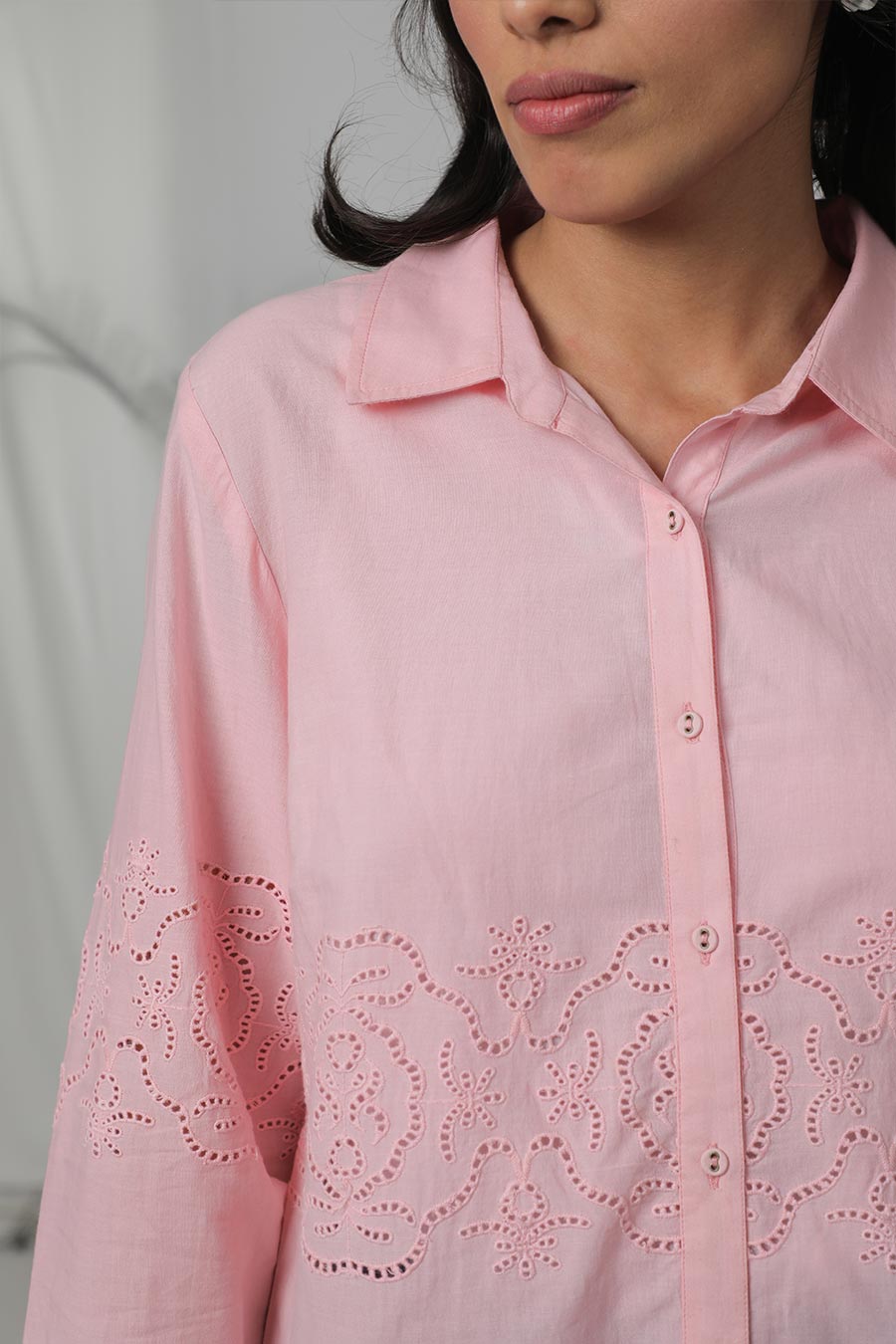 Pink Cotton Embroidered Shirt