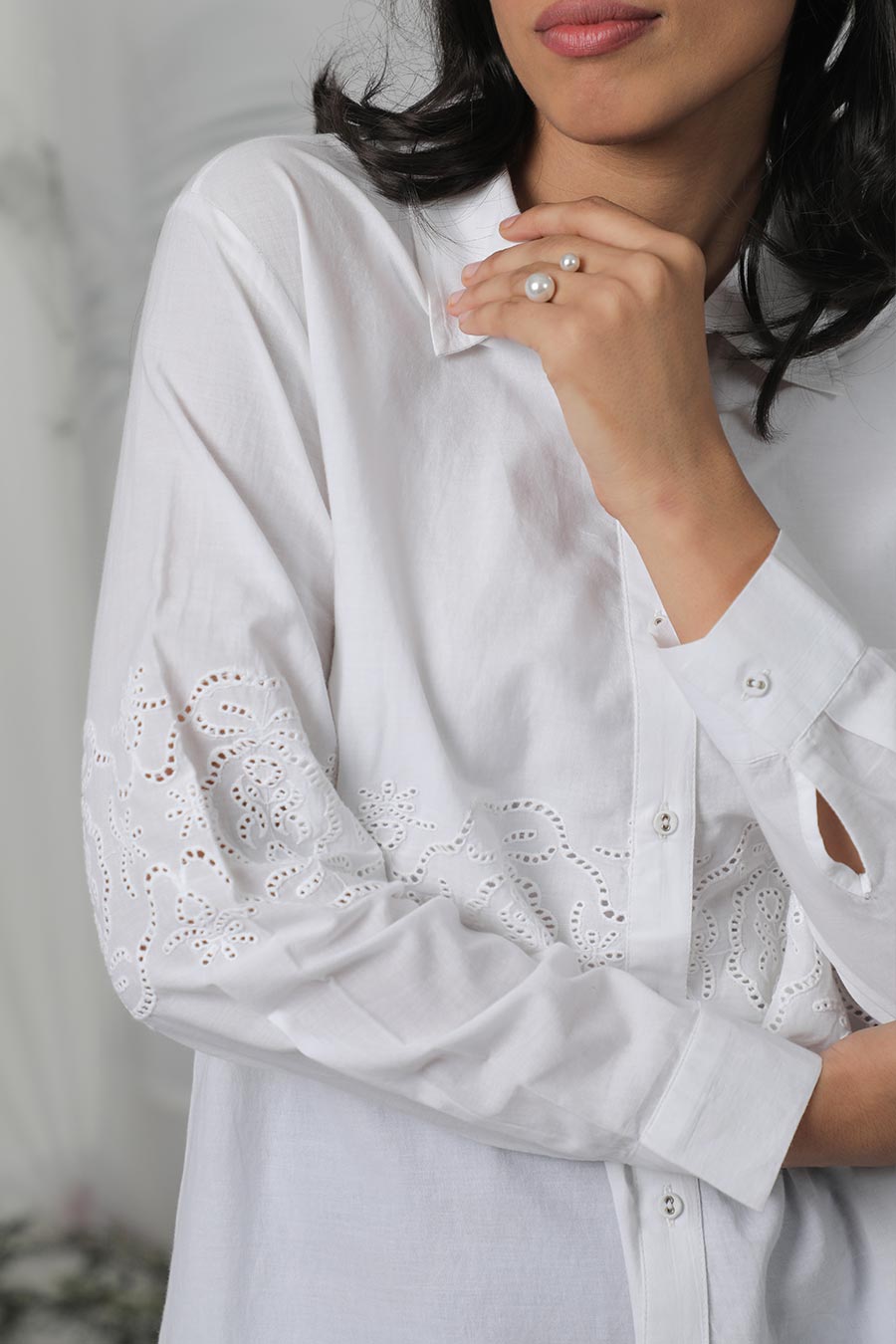 White Cotton Embroidered Shirt