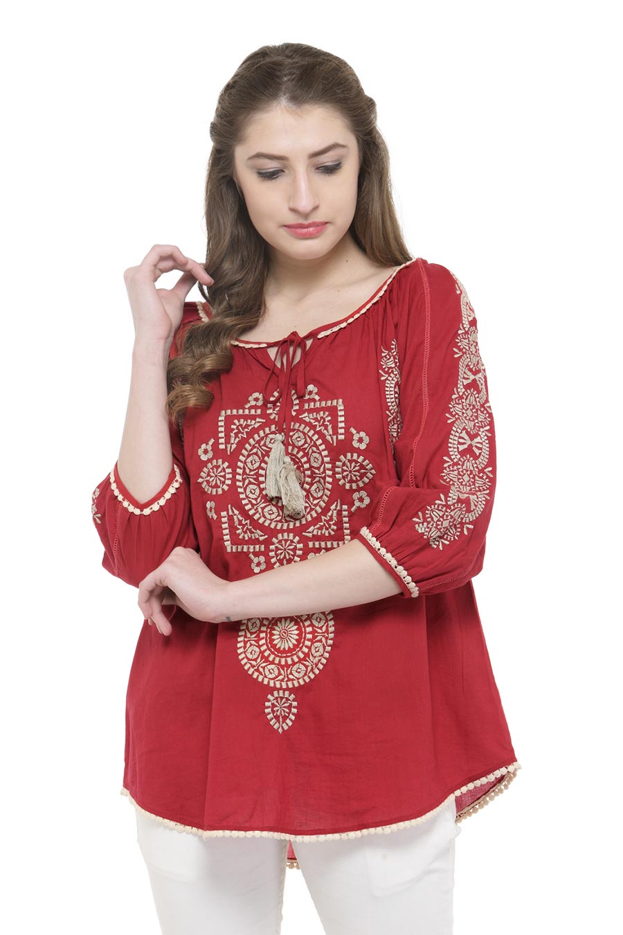 Red Cotton Embroidered Top