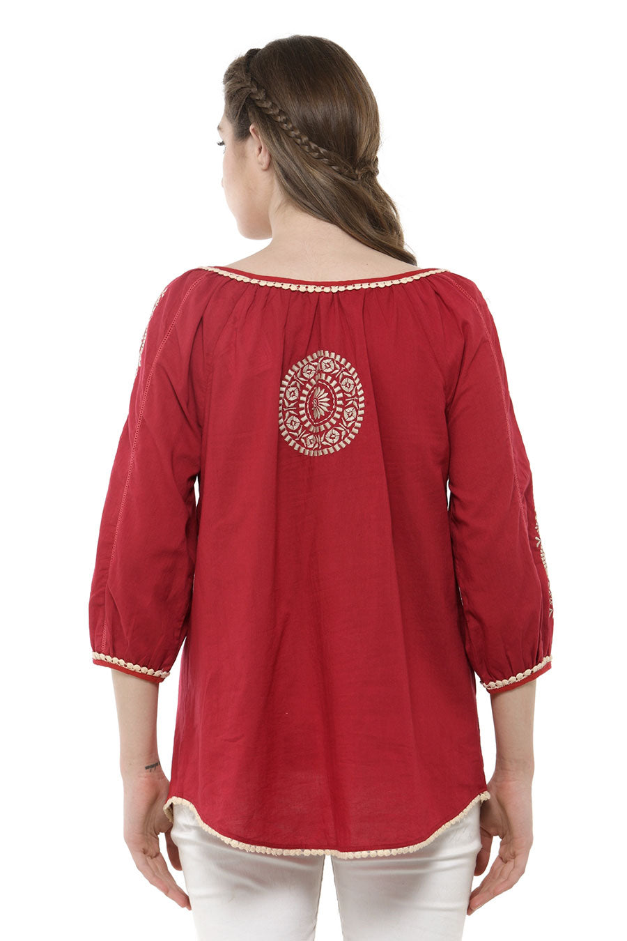 Red Cotton Embroidered Top