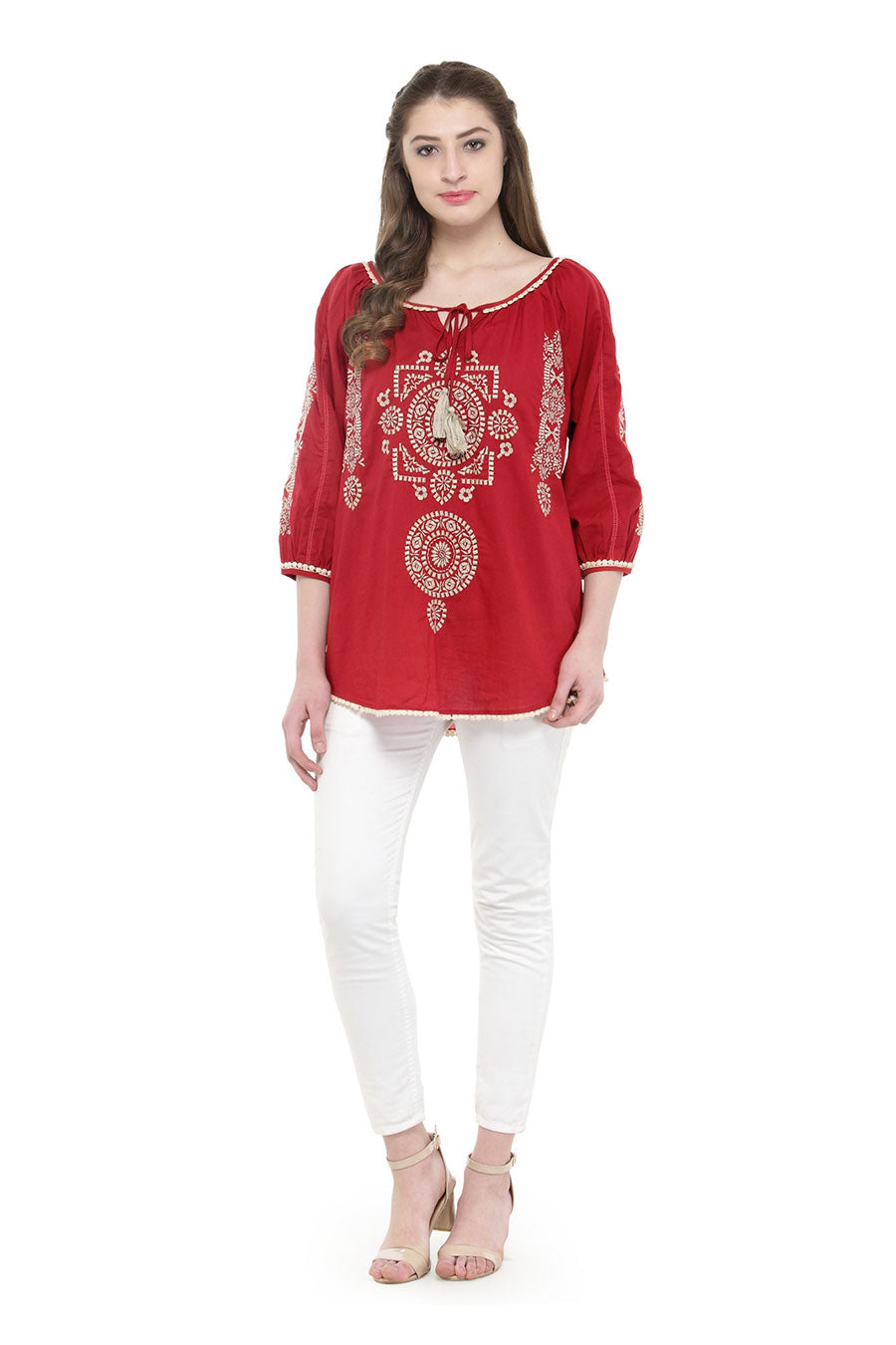 Red Cotton Embroidered Top