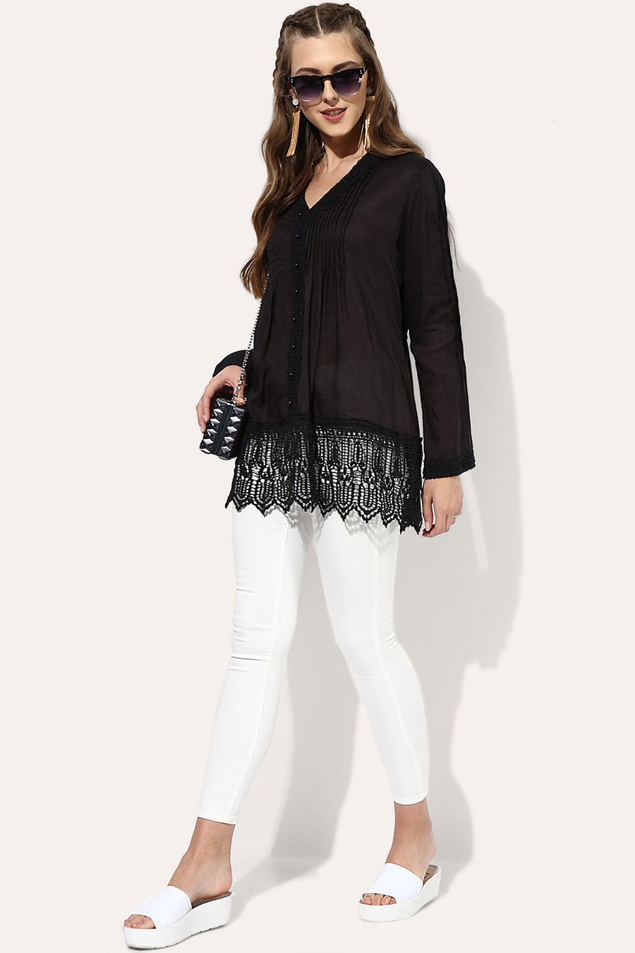 Black Cotton Lace Embroidered Top