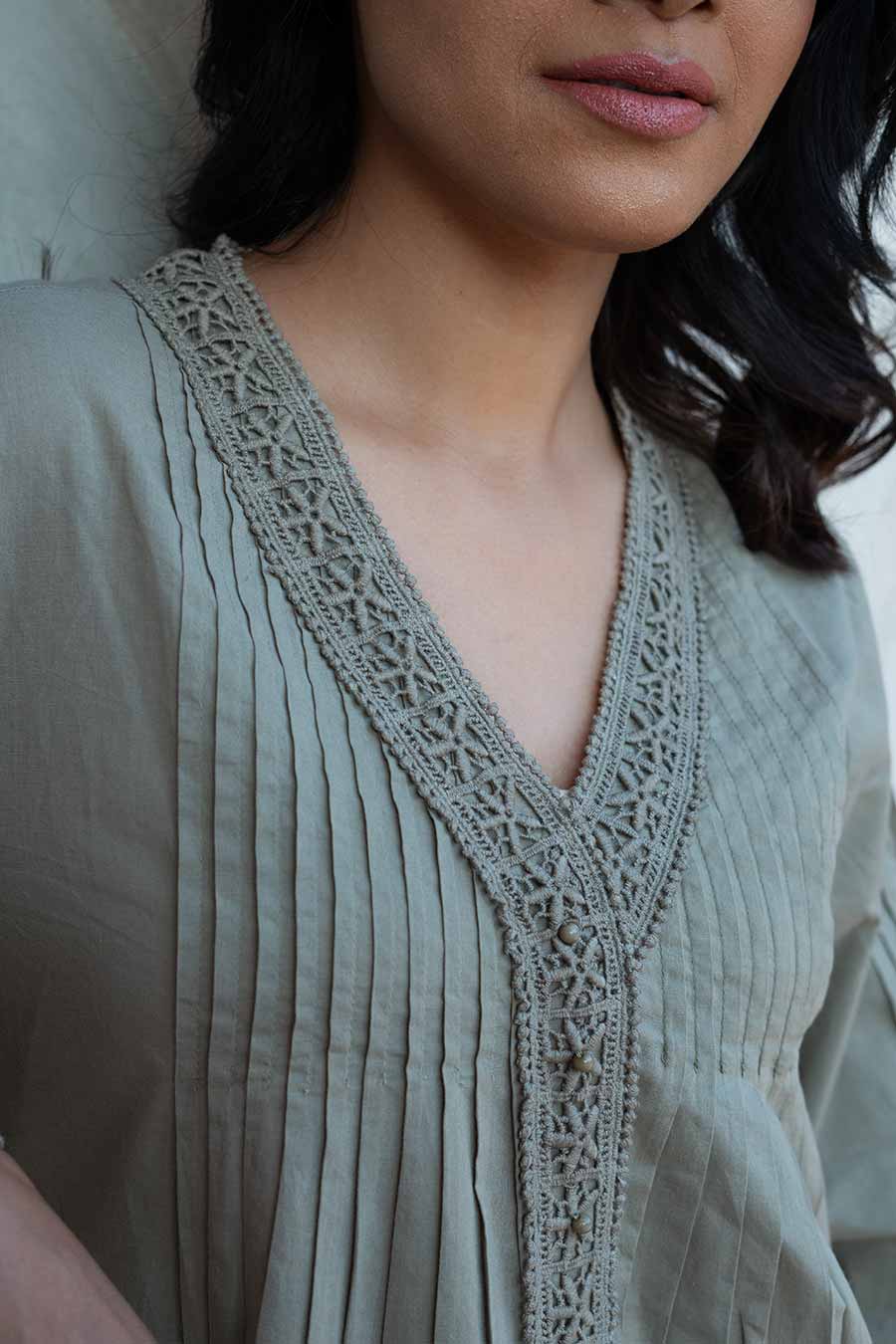 Olive Cotton Lace Embroidered Top
