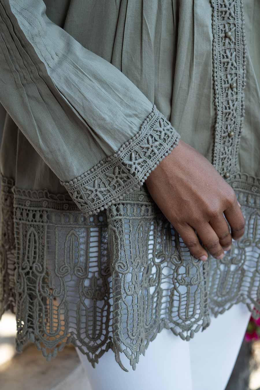 Olive Cotton Lace Embroidered Top