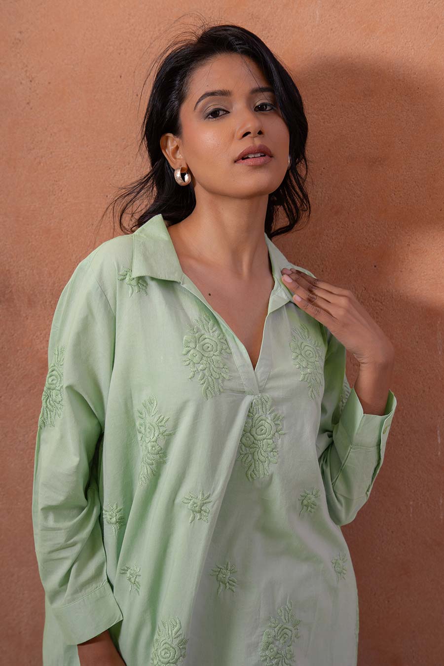 Green Cotton Embroidered Kurta Dress