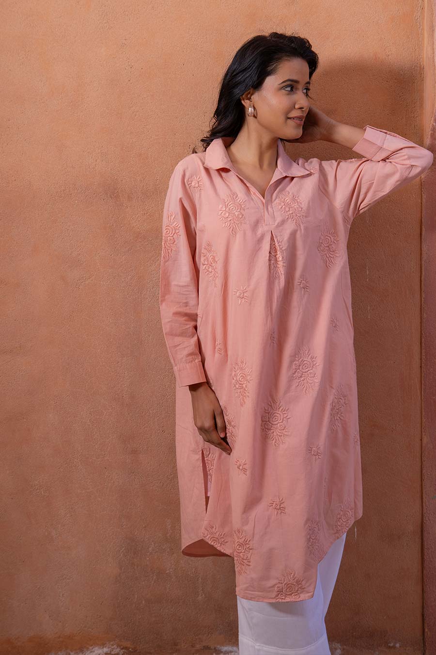 Pink Cotton Embroidered Kurta Dress