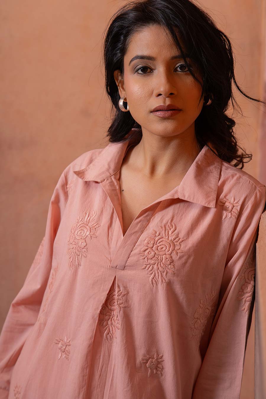 Pink Cotton Embroidered Kurta Dress