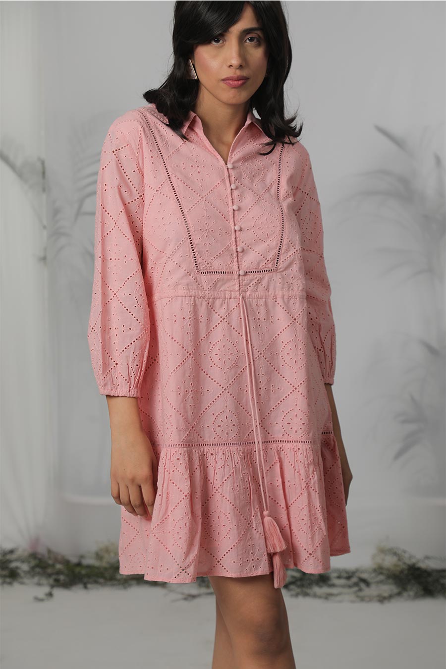 Pink Cotton Embroidered Short Dress