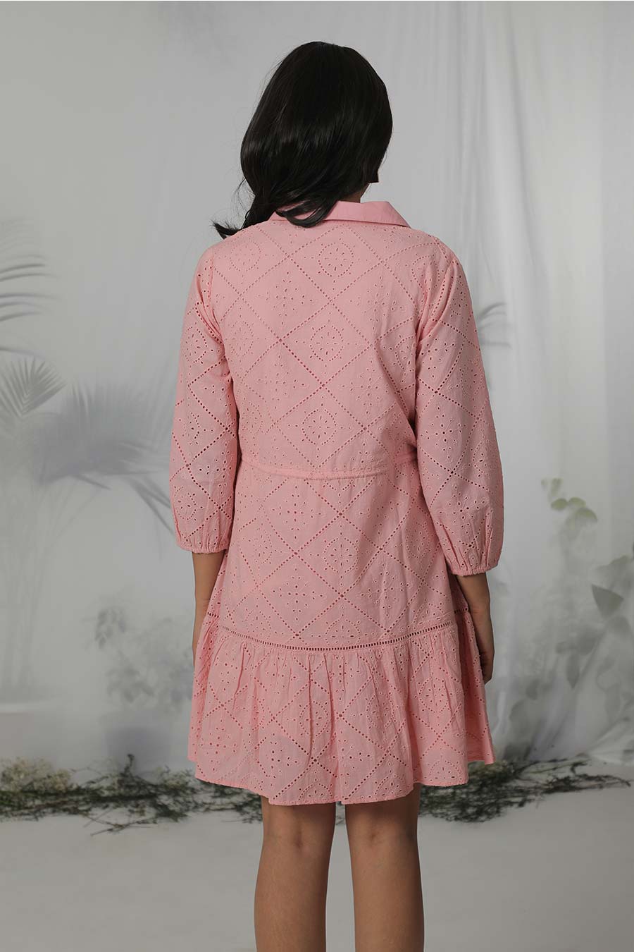 Pink Cotton Embroidered Short Dress