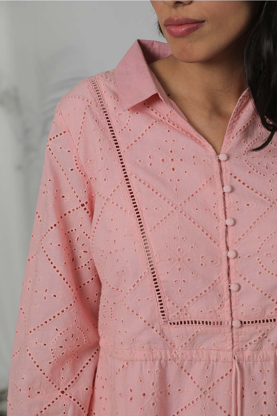 Pink Cotton Embroidered Short Dress
