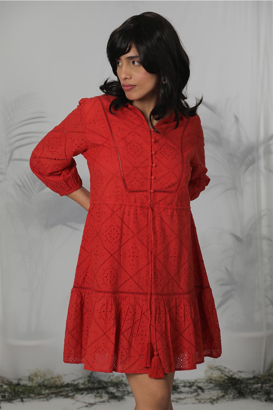 Red Cotton Embroidered Short Dress