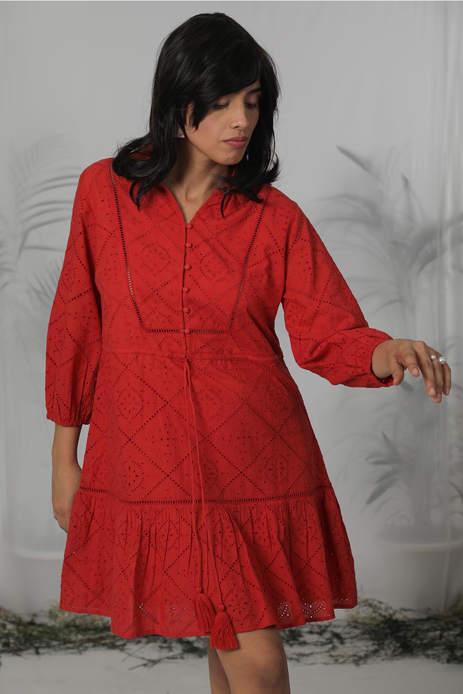 Red Cotton Embroidered Short Dress