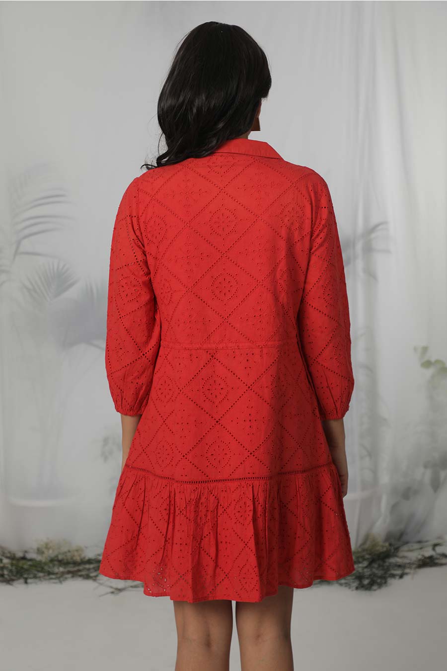 Red Cotton Embroidered Short Dress