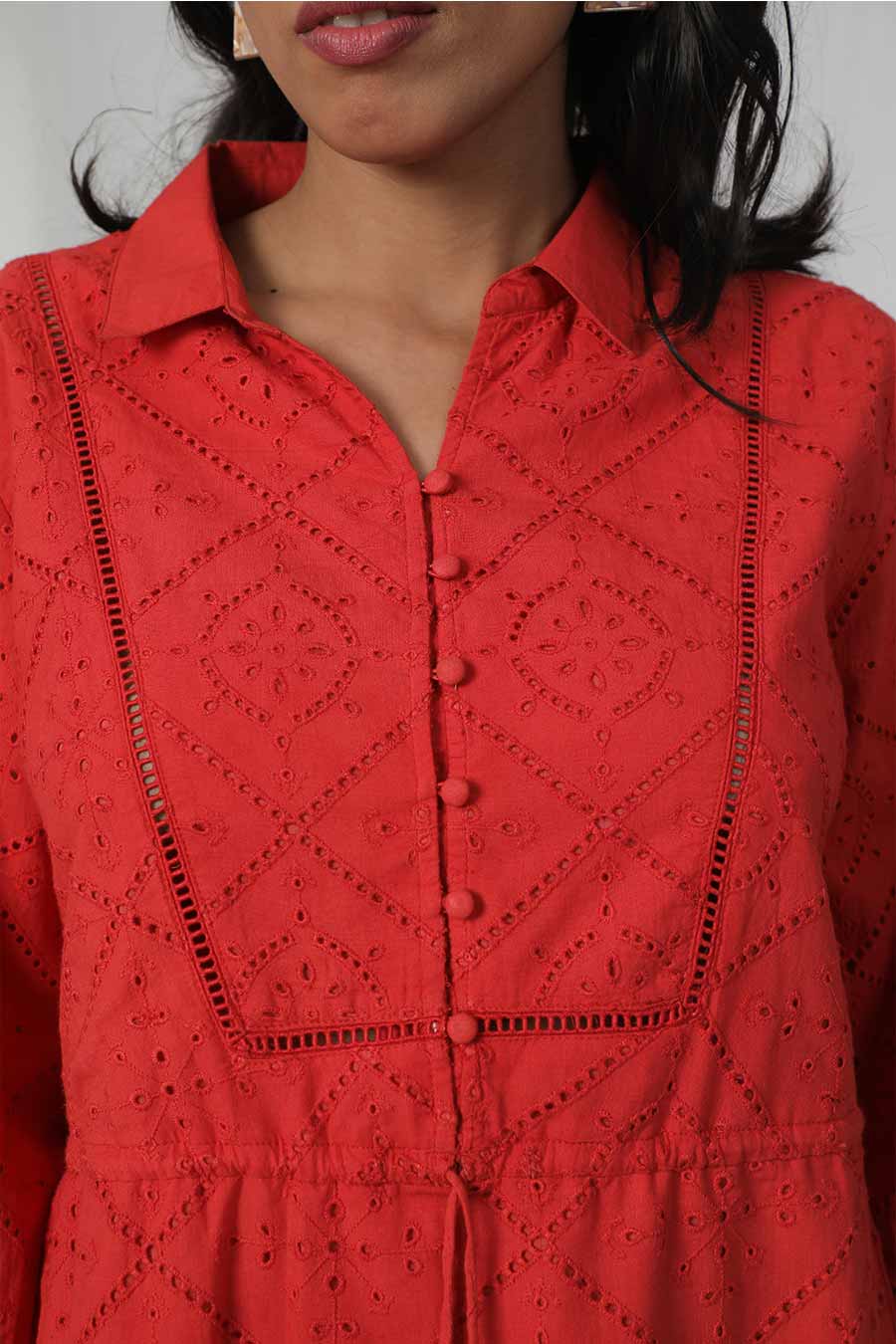 Red Cotton Embroidered Short Dress