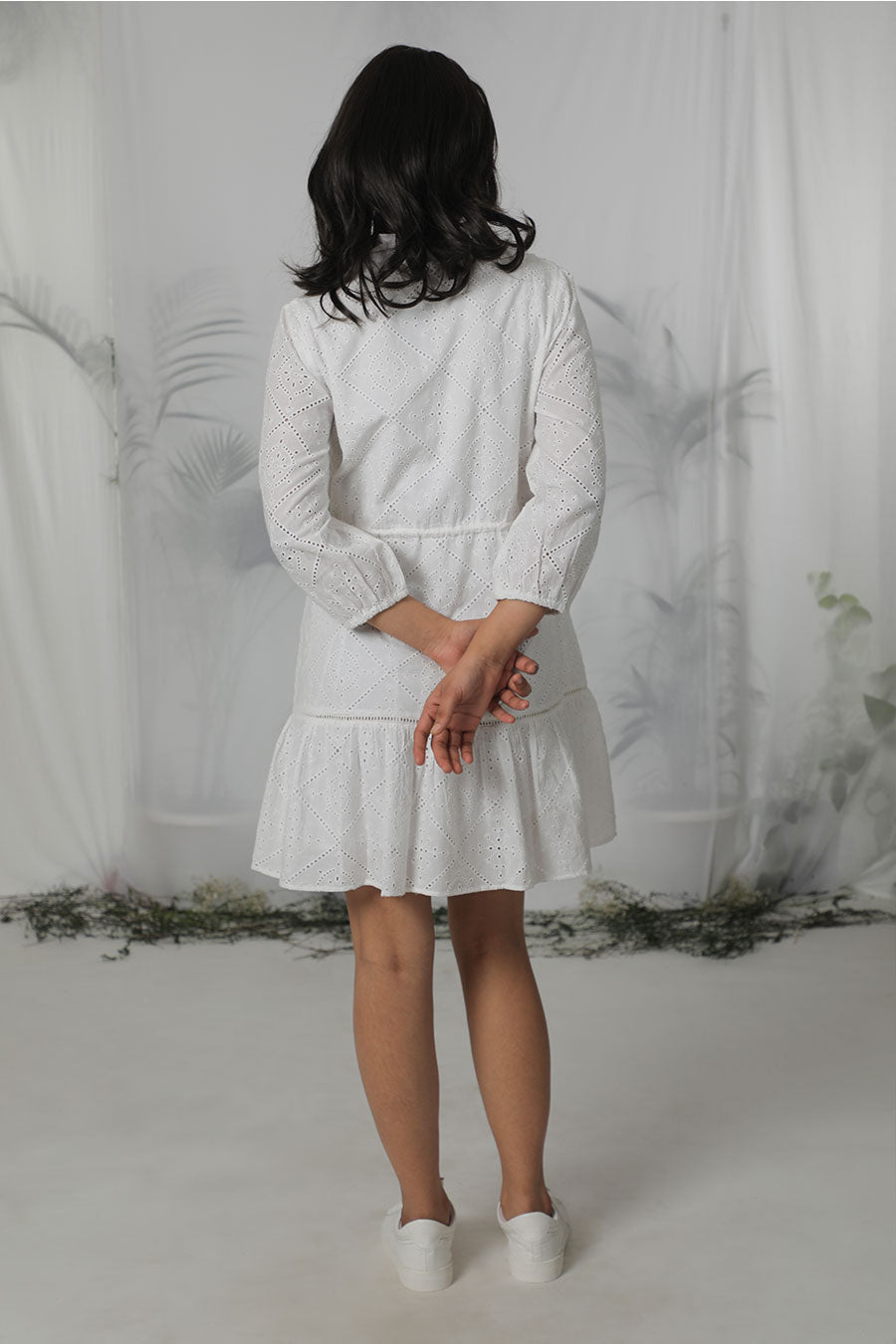White Cotton Embroidered Short Dress