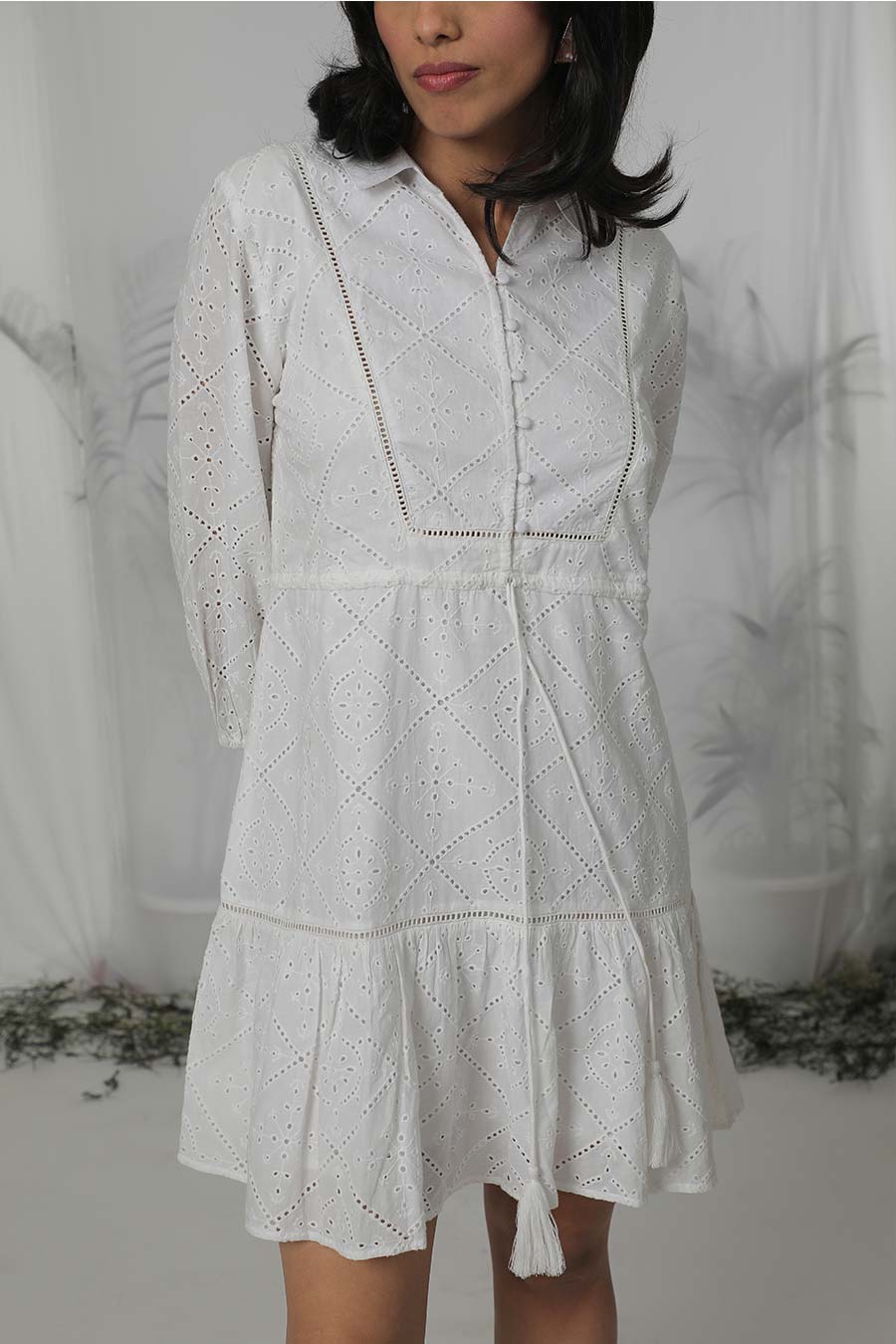 White Cotton Embroidered Short Dress