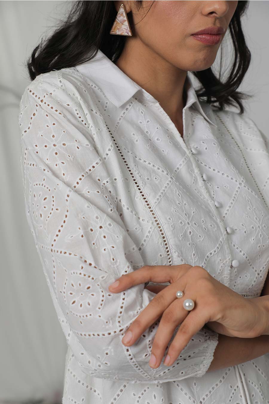 White Cotton Embroidered Short Dress