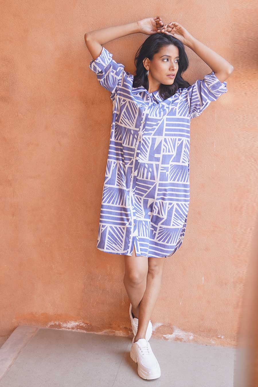 Blue Cotton Printed Shirt Dress