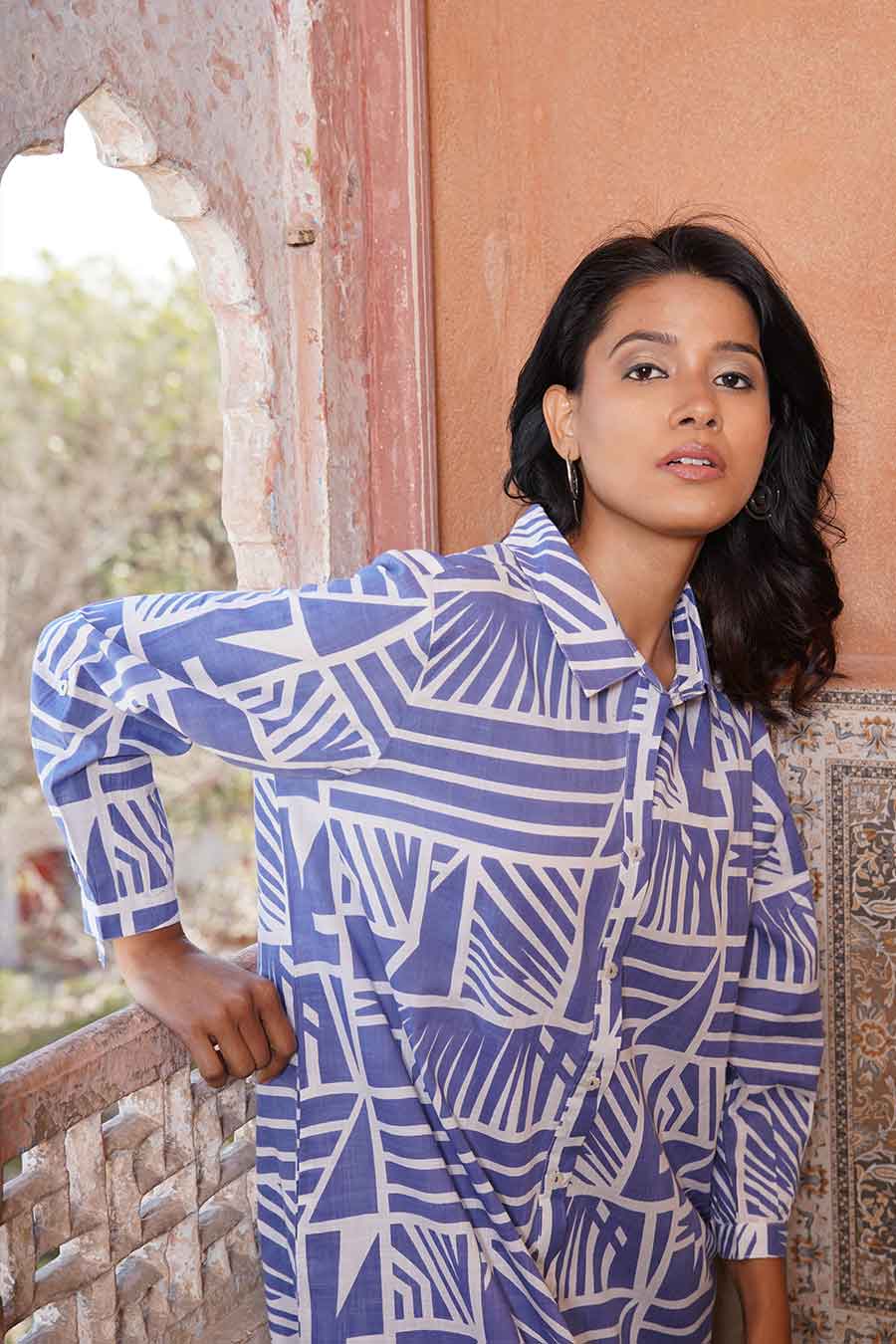 Blue Cotton Printed Shirt Dress