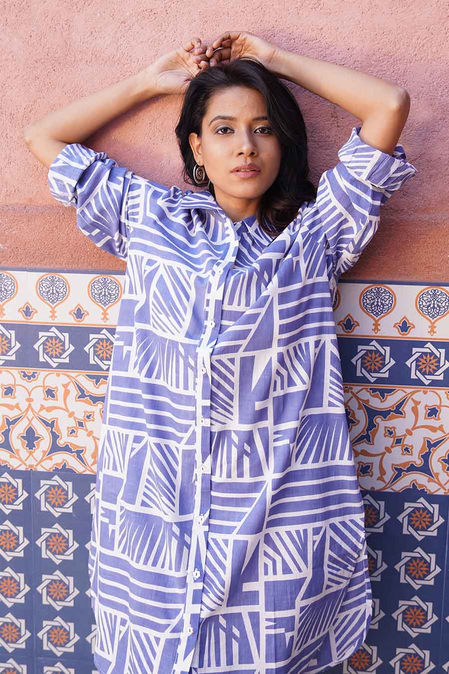 Blue Cotton Printed Shirt Dress
