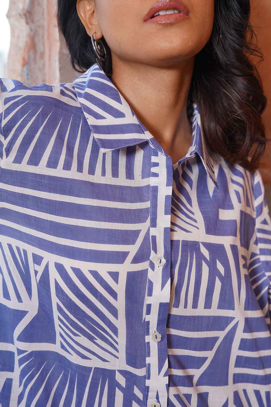 Blue Cotton Printed Shirt Dress
