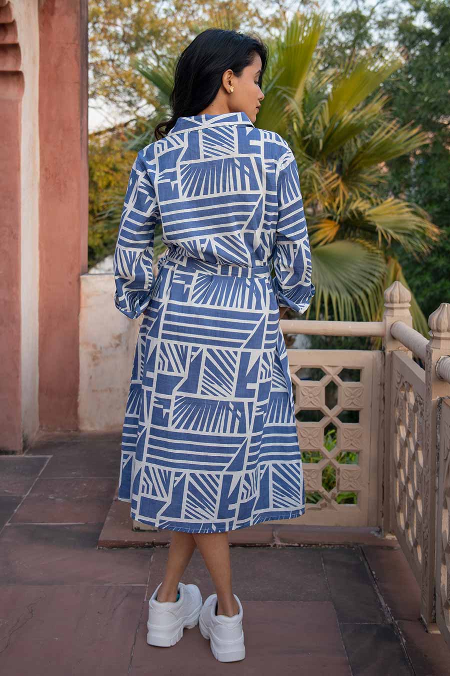 Blue Cotton Printed Shirt Dress