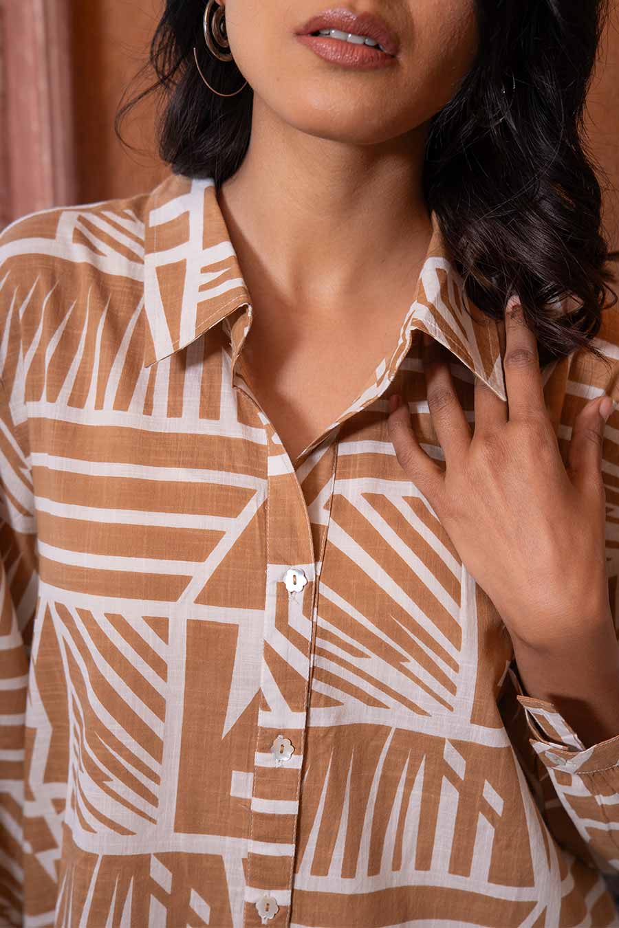 Sand Cotton Printed Shirt Dress