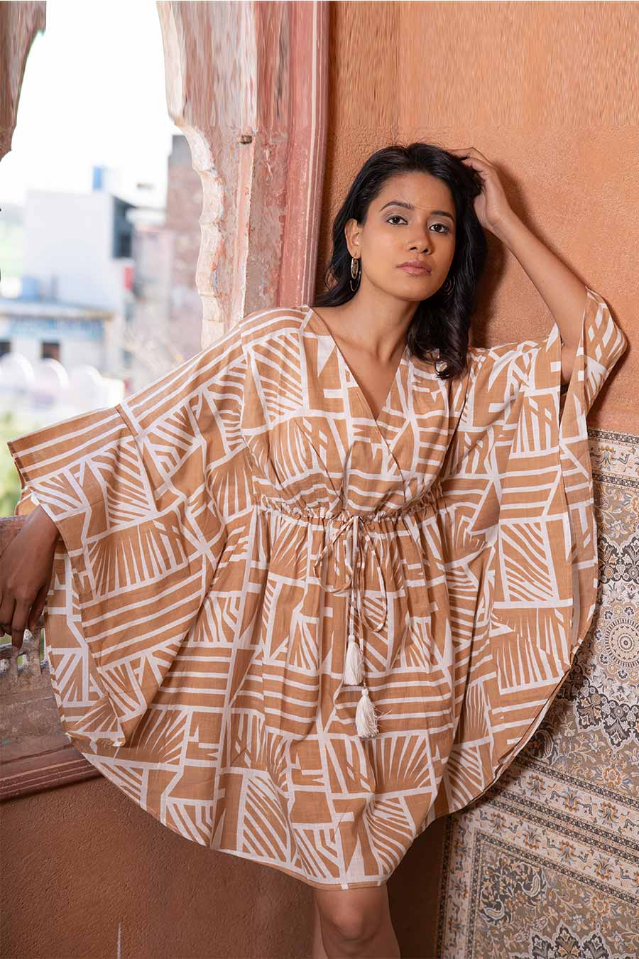 Sand Cotton Printed Kaftan Dress