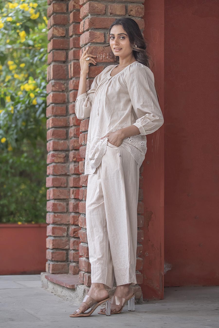 Beige Stripe Embroidered Co-Ord Set