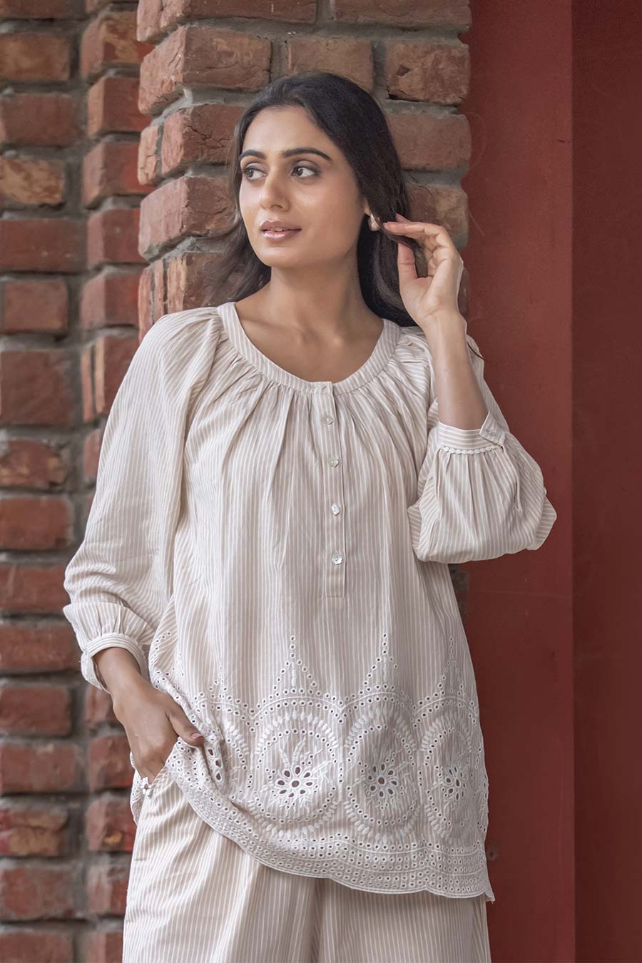 Ayla Beige Stripe Embroidered Top