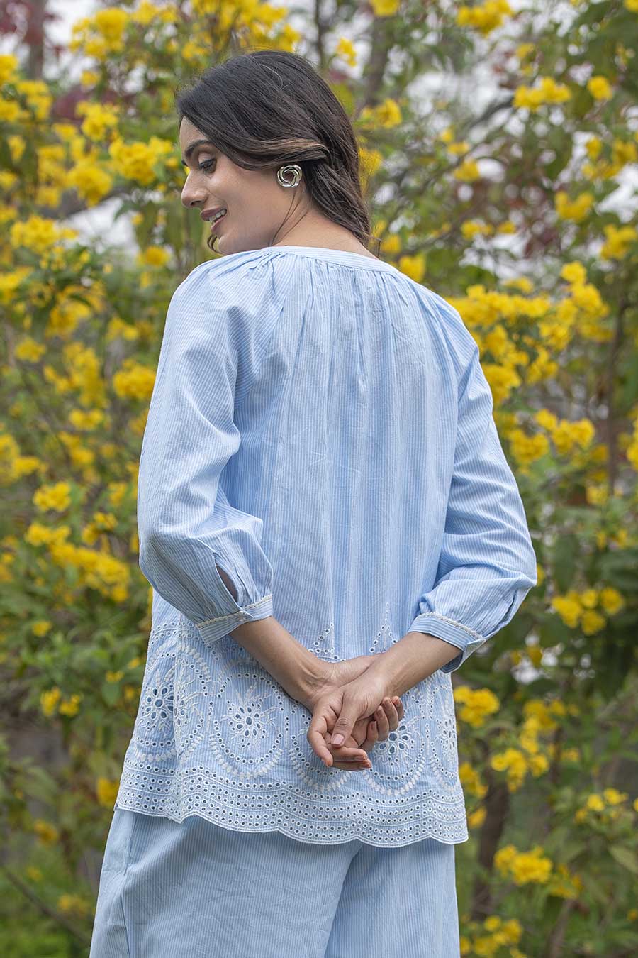 Ayla Blue Stripe Embroidered Top