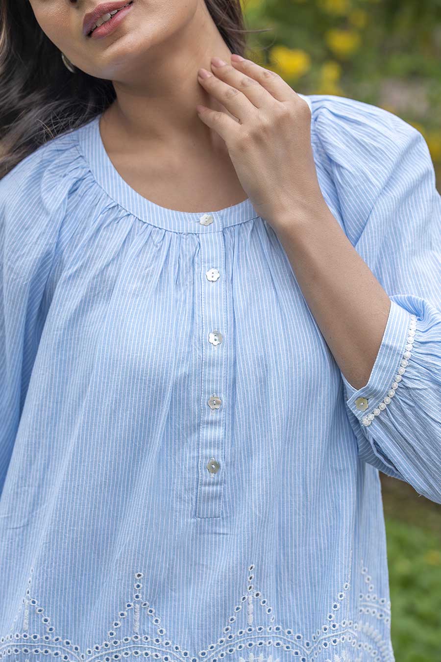 Ayla Blue Stripe Embroidered Top