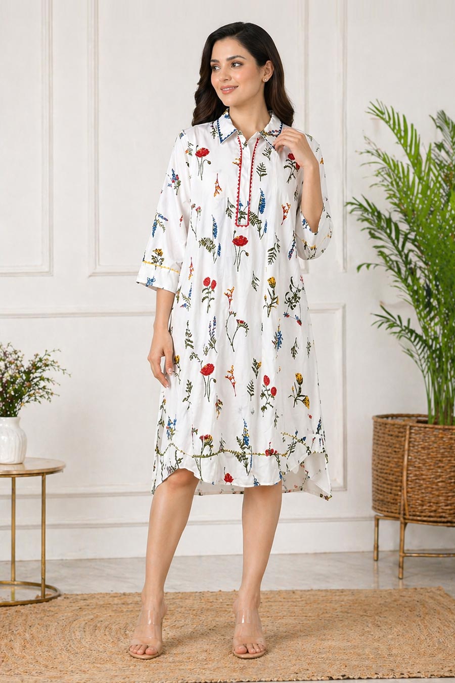 White Floral Printed Midi Dress
