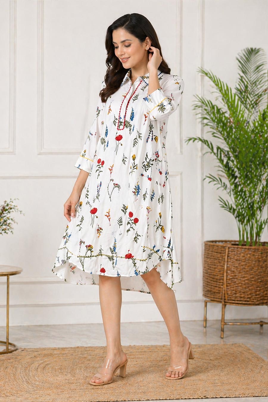 White Floral Printed Midi Dress