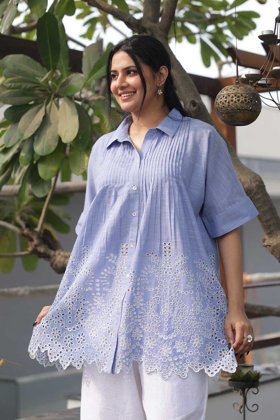 Blue Matilda Schiffli Long Shirt