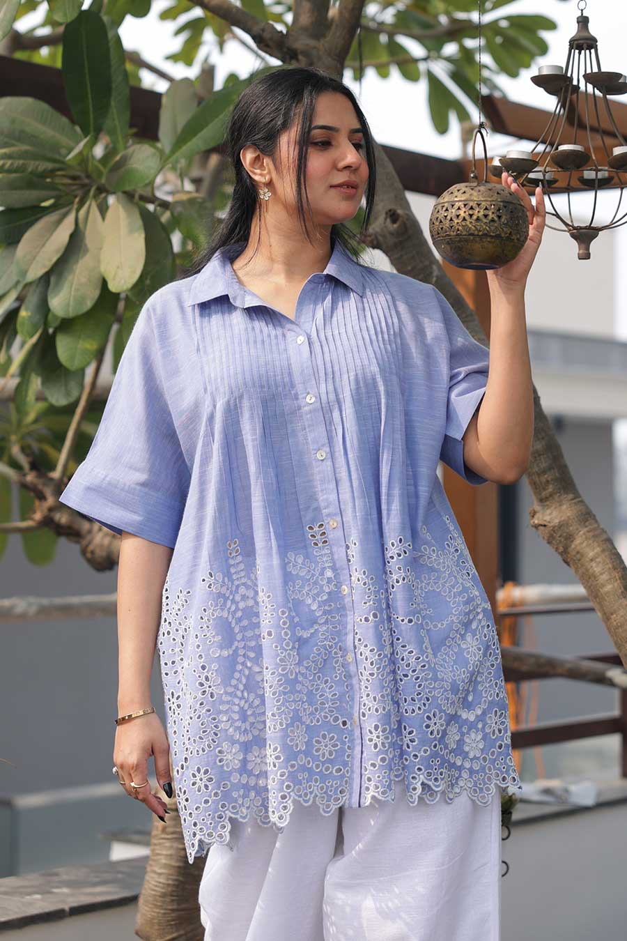 Blue Matilda Schiffli Long Shirt