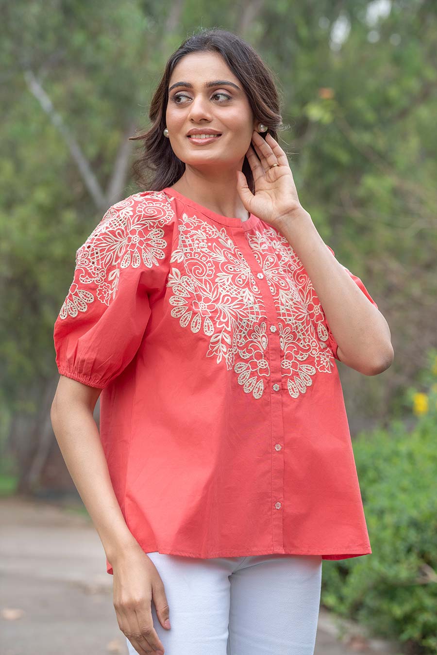 Orange Floral Embroidered Shirt