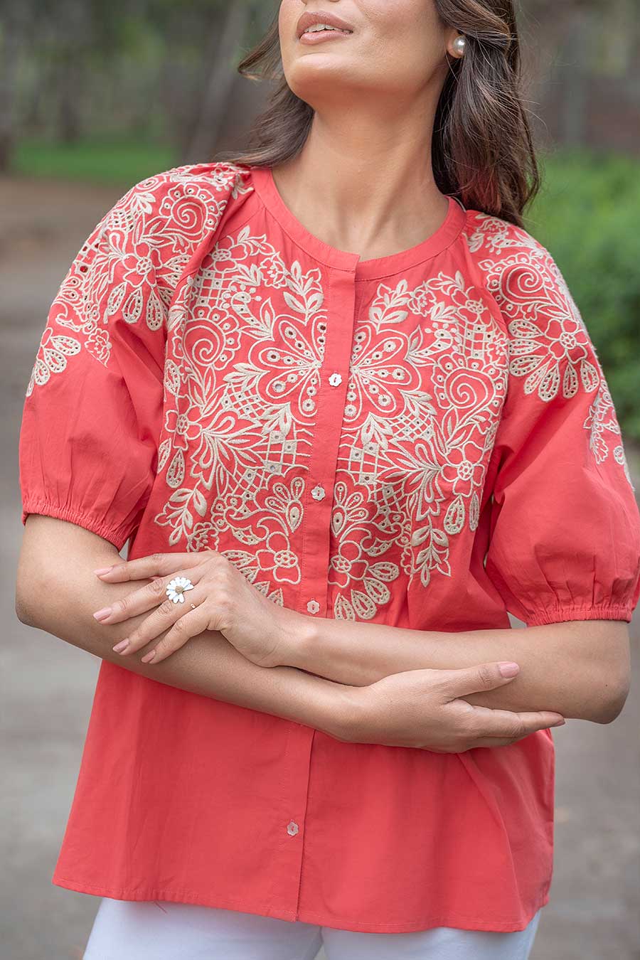 Orange Floral Embroidered Shirt