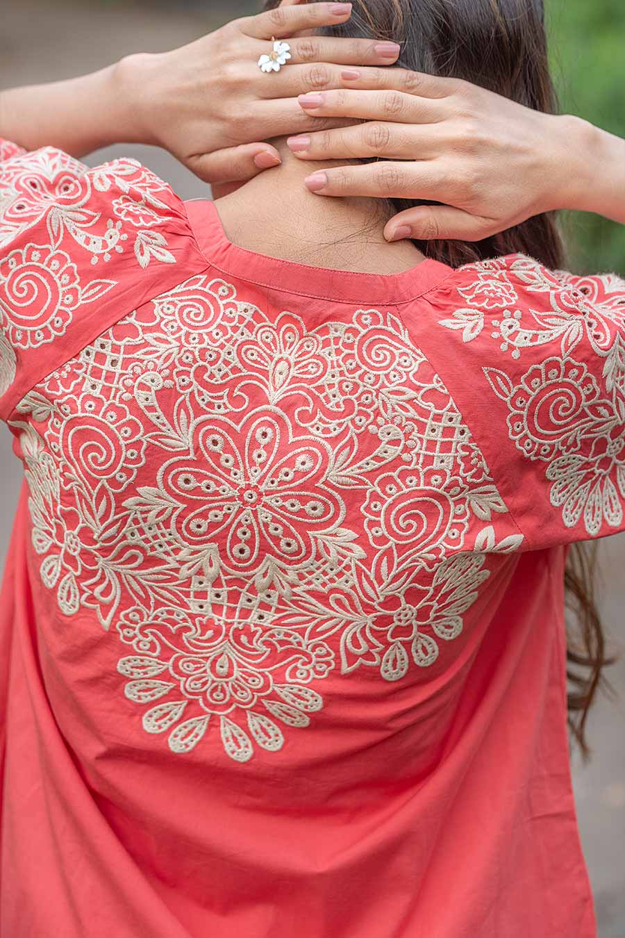 Orange Floral Embroidered Shirt