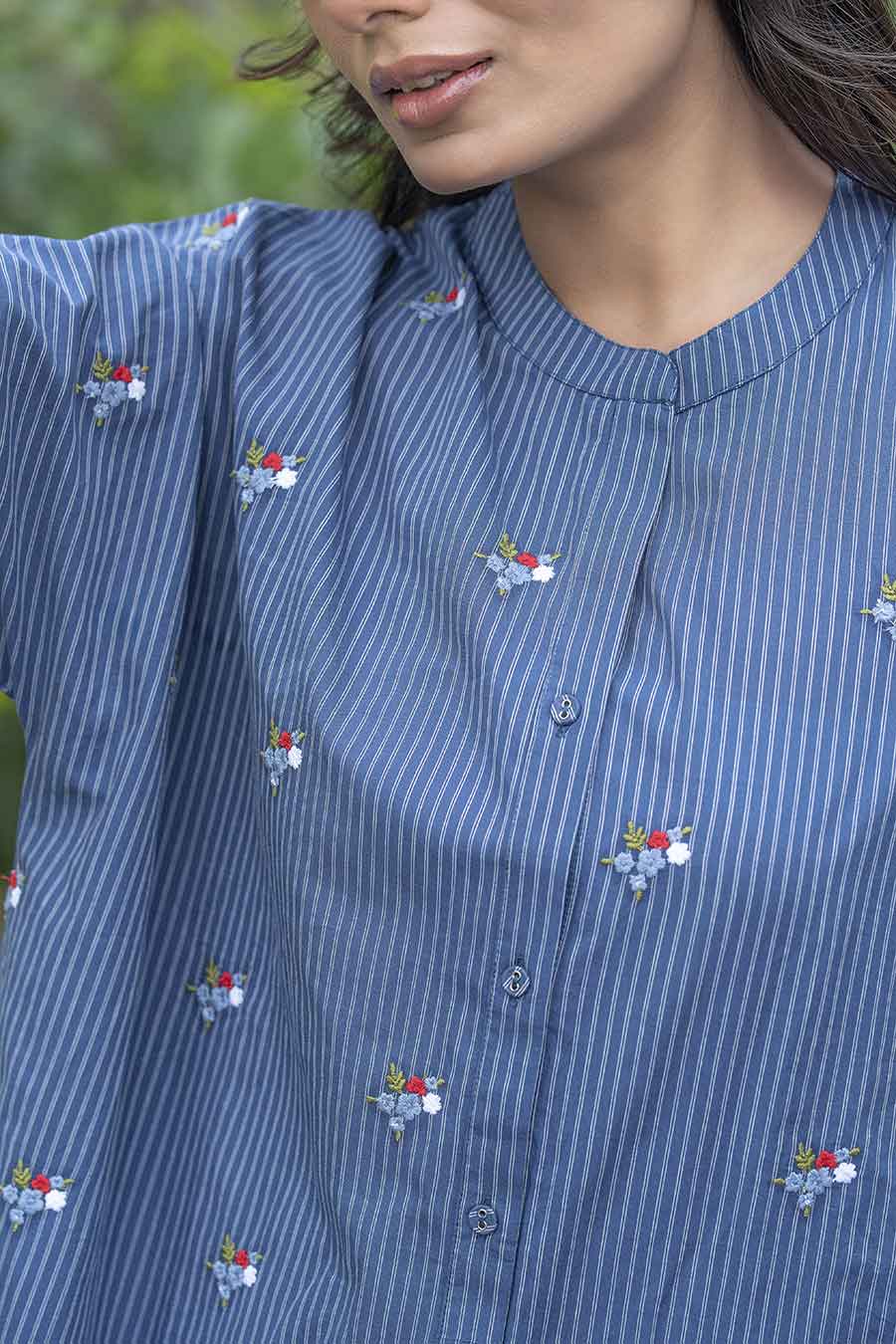 Bonnie Blue Striped Floral Embroidered Shirt