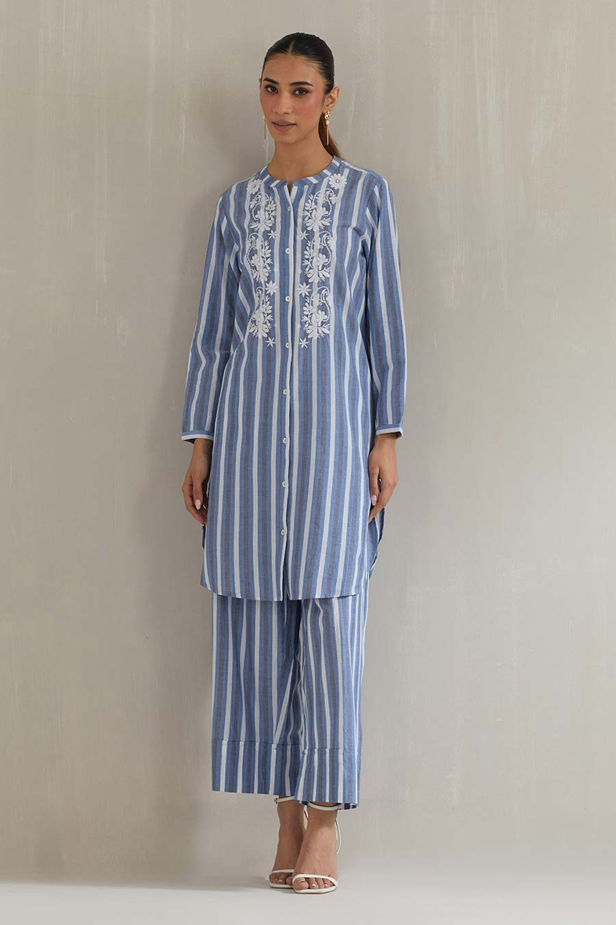 Blue Striped Cotton Embroidered Co-Ord Set