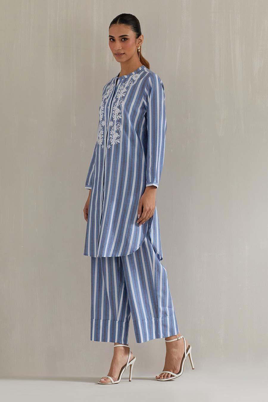 Blue Striped Cotton Embroidered Co-Ord Set