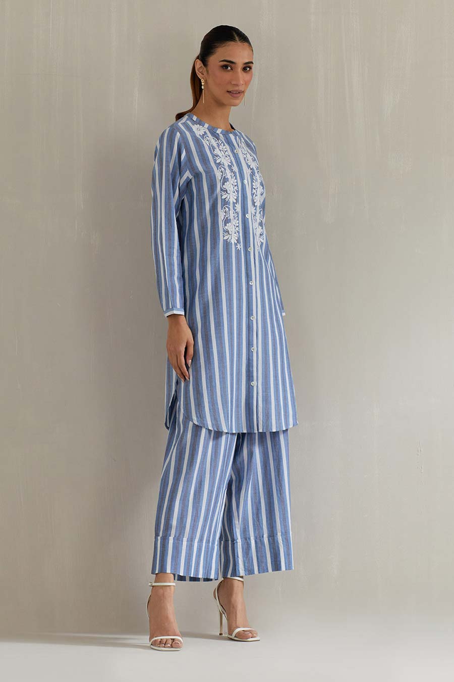 Blue Striped Cotton Embroidered Co-Ord Set