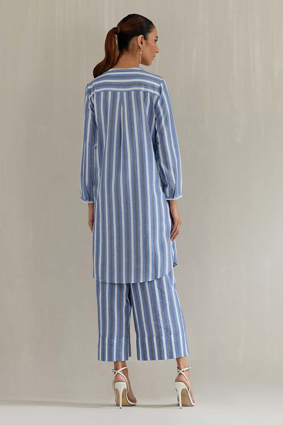 Blue Striped Cotton Embroidered Co-Ord Set