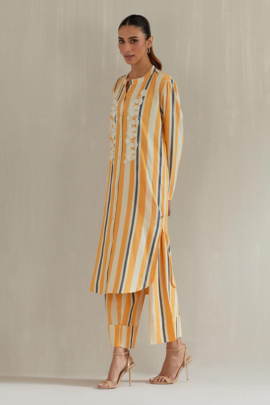 Yellow Striped Cotton Embroidered Co-Ord Set