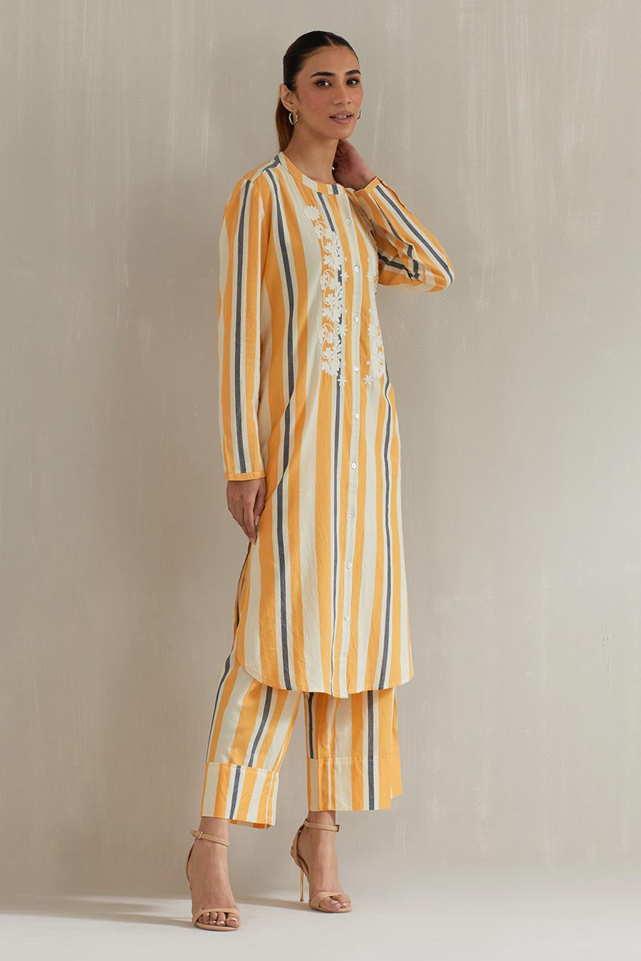 Yellow Striped Cotton Embroidered Co-Ord Set