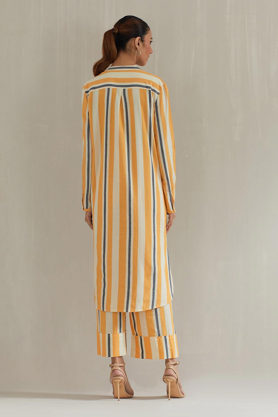 Yellow Striped Cotton Embroidered Co-Ord Set