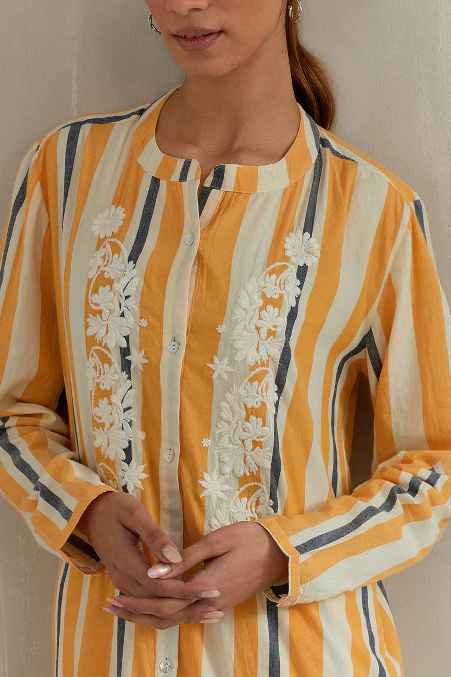 Yellow Striped Cotton Embroidered Co-Ord Set
